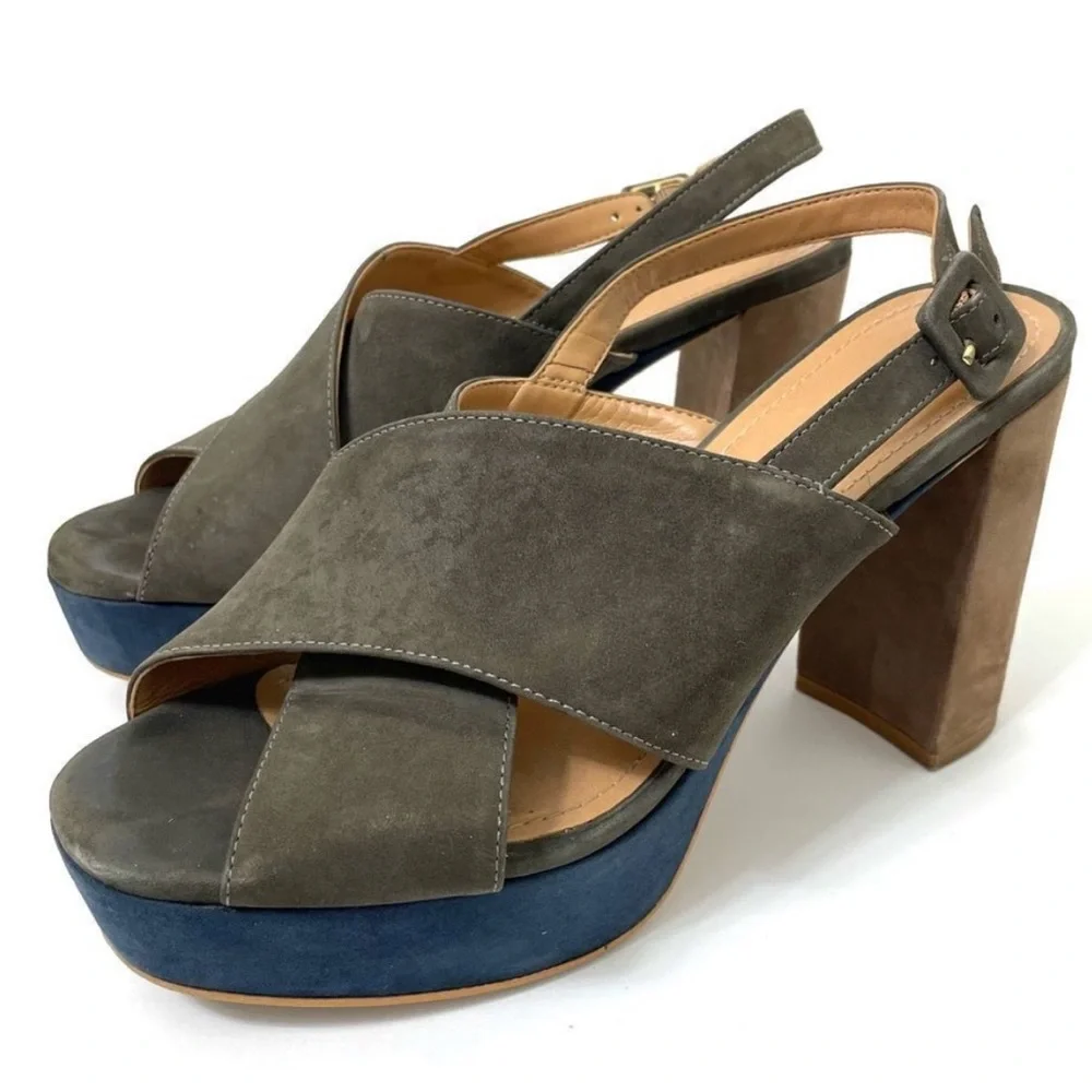 Klub Nico Gray Tan Navy Suede Chunky Heeled Platform Sandals